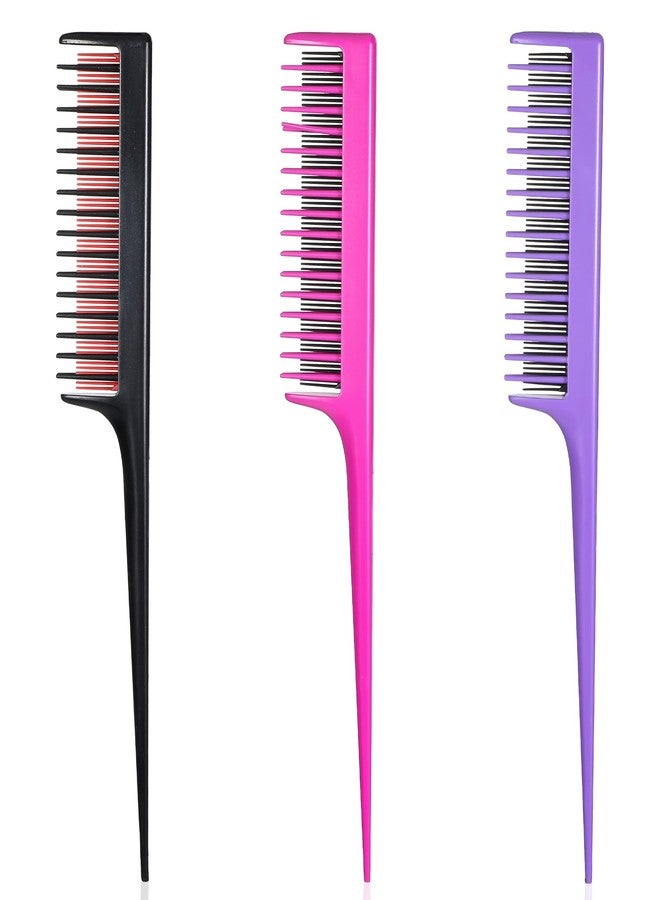 Alrhso 3 Pack Professional Teasing Comb, Triple Teasing Comb Rat Tail Tool Hair Cutting Combs Professional Add Volume Fine and Normal Hair Types for Women And Men (Black Purple and Red) - Image 1